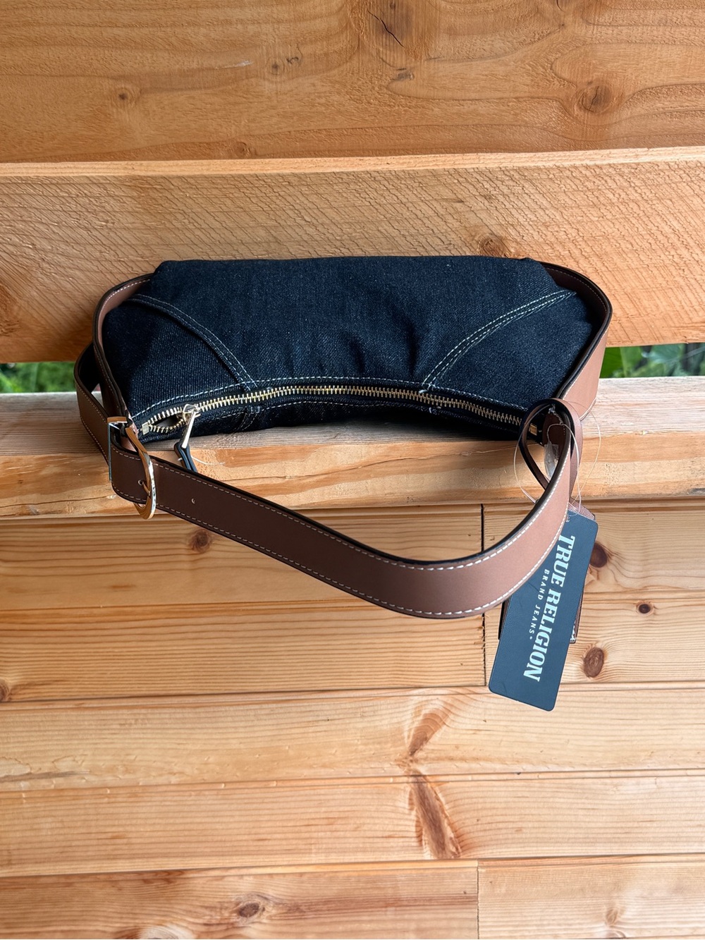 True ReligionBlack Y2K westernDenim Shoulder Bag/Brown Trim&Embroidered Logo NWT - Picture 5 of 9